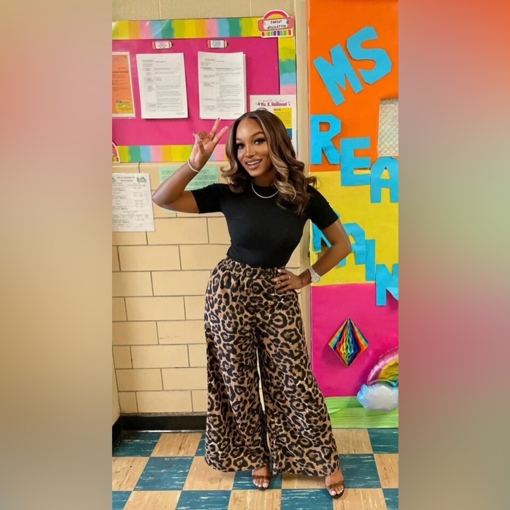 Leopard Brown Black Animal Print High Waisted Wide Leg Women’s Pants Large - Picture 10 of 14